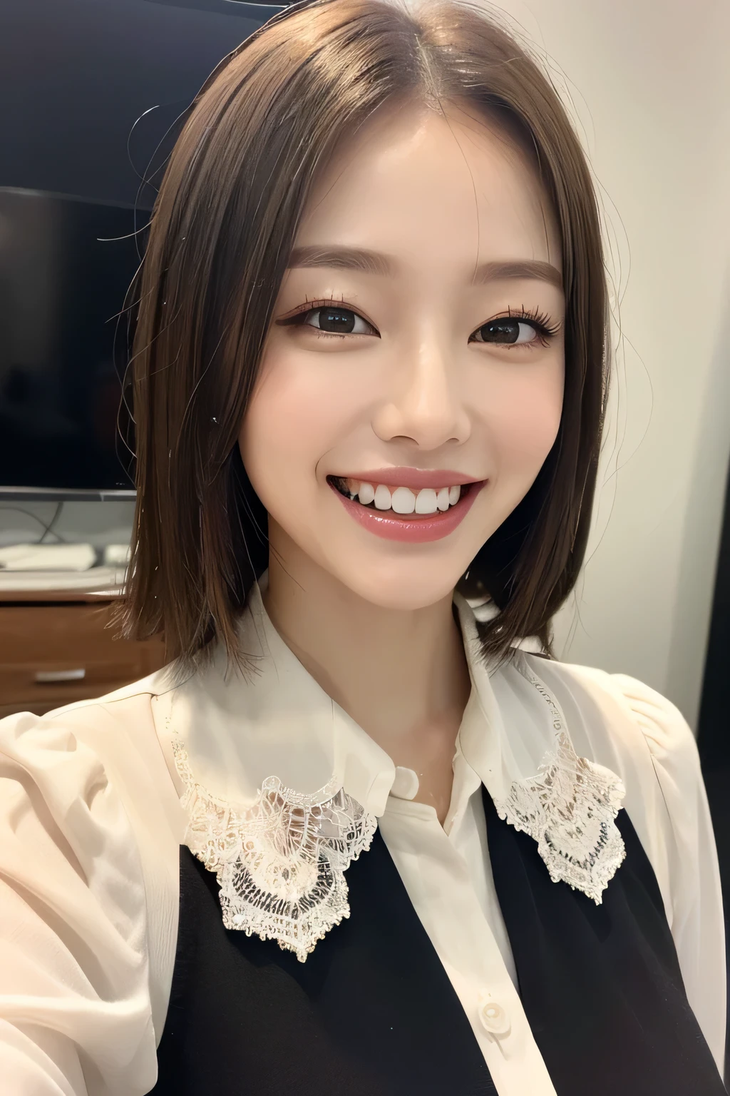 ((masterpiece)), ((Highest quality)), ((Complex)), ((Surreal)), (Realistic), (Mature Woman), ((No classes)), Very detailed, (1 female), Beautiful and exquisite, (Beautiful Teeth), Grin, Brunette bob hair, Brown eyes, ((blouse)), (Upper Body), (background:none), Perfect Eyes, Captivating eyes, Looking at the audience