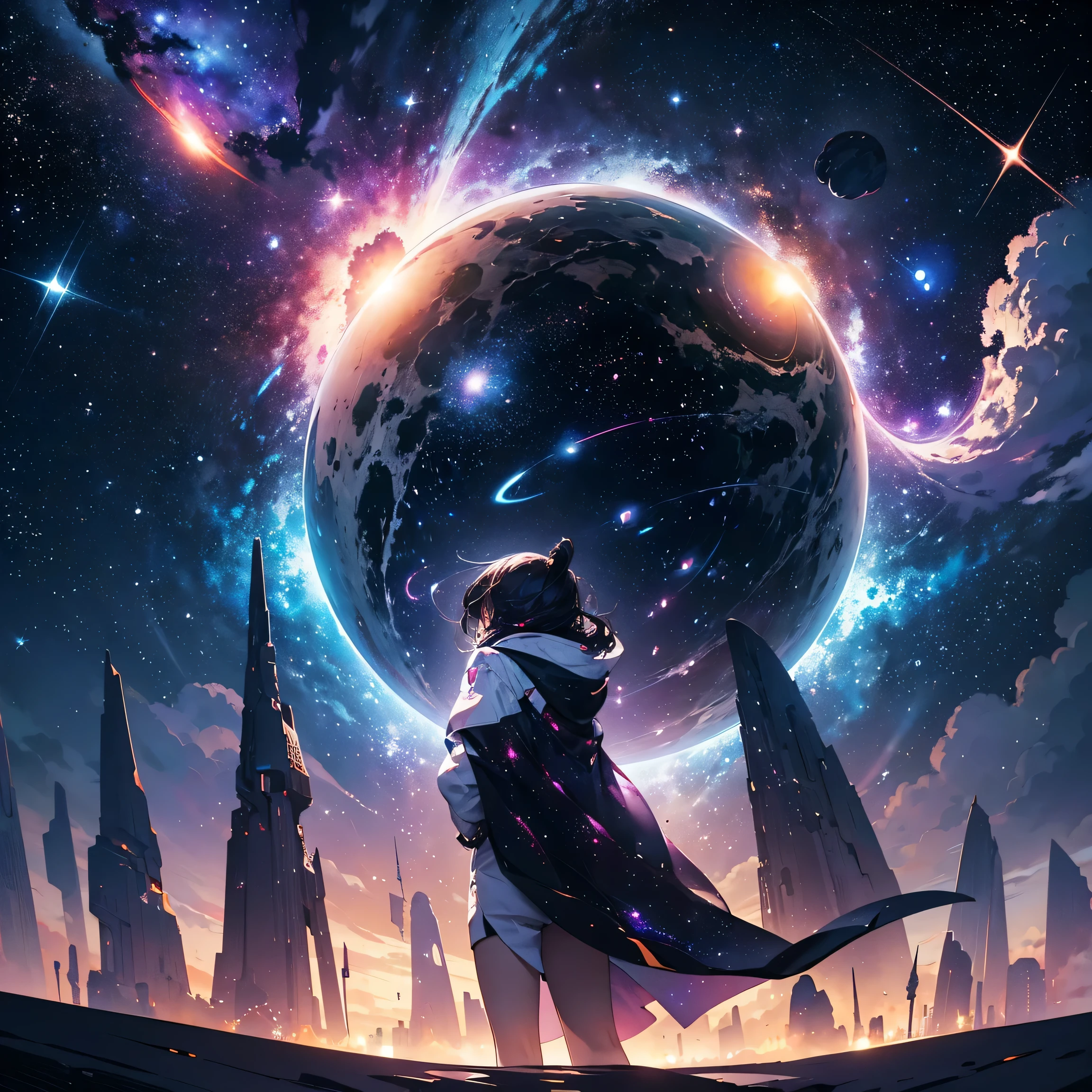 Create an image depicting a vast galaxy filled with swirling nebulas and distant stars. In the foreground, a sleek spaceship glides through the cosmic expanse, reflecting the shimmering light of nearby stars. The scene captures the awe-inspiring beauty and mystery of deep space exploration. Interstellar