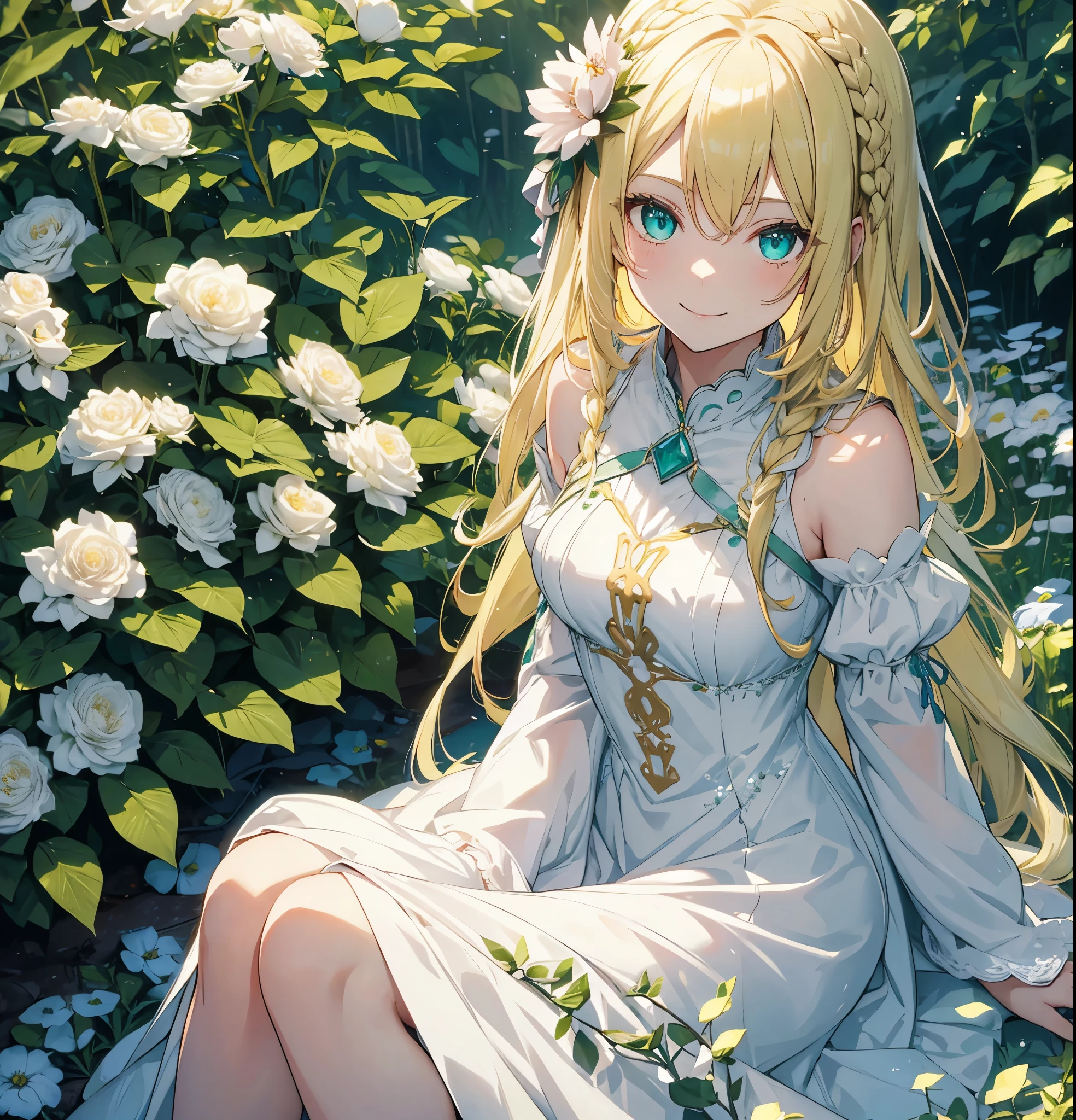 8k, Very detailed, high quality, A woman with a goddess-like smile,Euphilia, One Girl,Anime girl in a white dress with long blonde hair and dark turquoise eyes, glowing green eyes, Sitting in a garden full of flowers, Wearing an elegant dress, Decorate your hair with flowers, magic