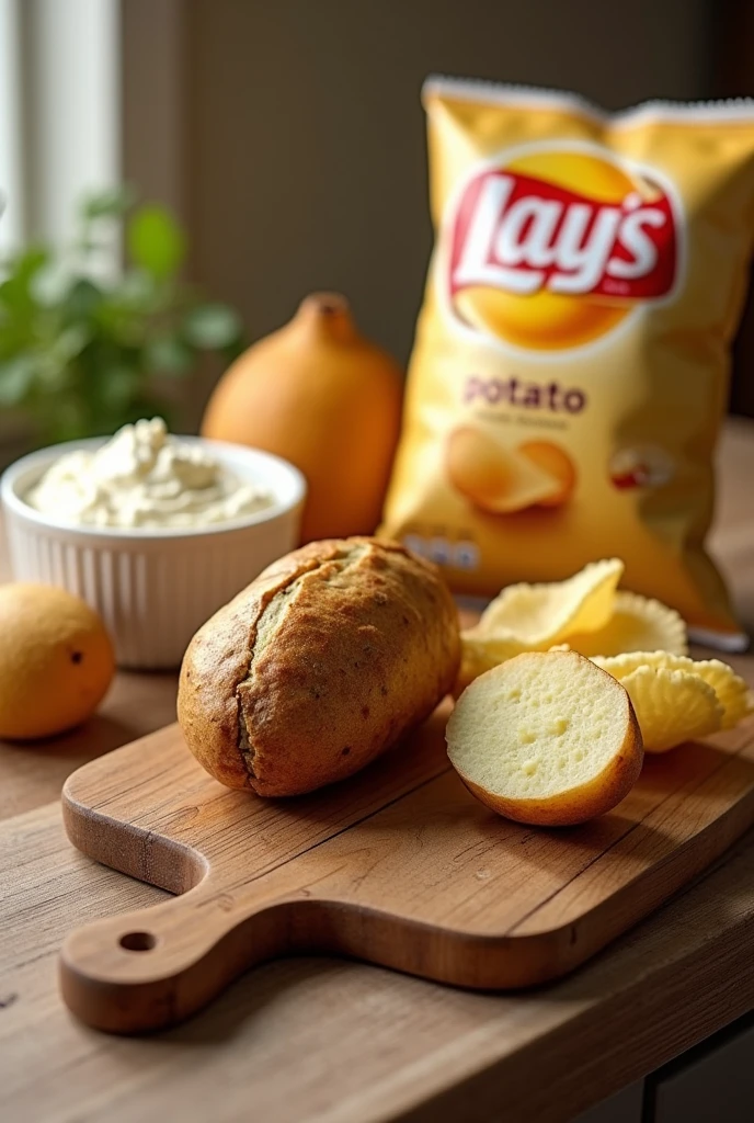 Wooden kitchen board. On top, a potato with cooked skin and a halved one. Next to it is a bowl of white sauce. On top of the same board place bagged Lays potato chips, They are very thin slices of potatoes. The slices must be smooth.