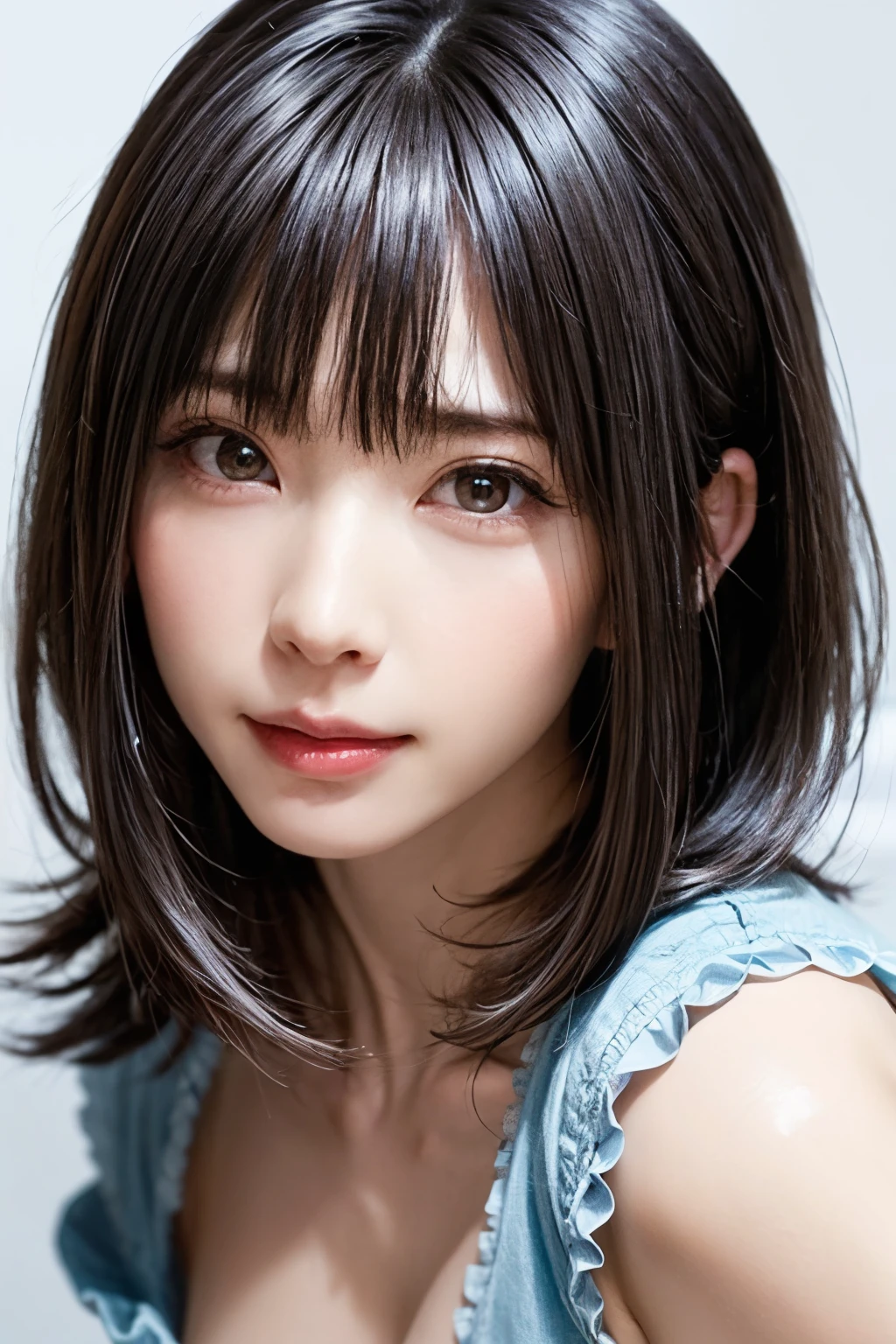 ((masterpiece, Highest quality, High resolution、Realisticですべてが美しく詳細に描かれている)), 1 girl, (Realistic: 1.4), alone, White Background, snow-White Background, Mouth closed, smile, smile, Beautiful black hair, short hair, Big eyes, Transparent double eyelids, eyelash, Listen carefully, Long neck, 美しくLong neck, Absolute area, ((Face close-up)), (Draw the whole head, shoulder), 19 years old, Attractive proportions, Glowing Skin, Beautiful clavicle, Golden ratio face, Perfect Face, Teardrop-shaped mole, chestのほくろ, bangs, clean bangs, beautiful bangs, Lip gloss, Thin lips, Fair skin, naked, Big Breasts, {Huge|big|Hugeな|Mega} chest:2, chestの谷間:2,chestの谷間を見せる、Small face, Small face, All the heads are painted, shoulder all drawn, Point slightly above the camera