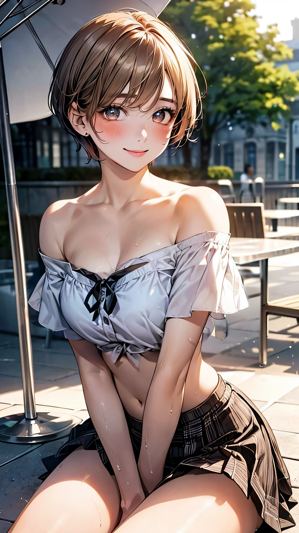 (masterpiece:1.2, top-quality), (realistic, photorealistic:1.4), beautiful illustration, (natural side lighting, movie lighting), depth of fields, nsfw,
beautiful detailed hair, beautiful detailed face, beautiful detailed eyes, beautiful clavicle, beautiful body, beautiful chest, beautiful thigh, beautiful legs,
looking at viewer, 1 girl, 12 years old, (perfect anatomy, anatomically correct, super detailed skin), cute and symmetrical face, perfect face, perfect eyes,
(very short hair, pixie cut hairstyle, light brown hair), bangs, gold eyes, big eyes, long eye lasher, (large breasts, seductive thighs), perfect body, shiny skin, pink skin,
(detailed cloth texture), break ((short sleeve puff sleeve off shoulder white blouse, midriff:1.1)), break white pleated skirt, break
(beautiful scenery), noon, (fashionable cafe terrace, outdoors, white parasol, sunlight), sitting at terrace seat, (drinking lemonade), (lovely smile, moist eyes, blush),