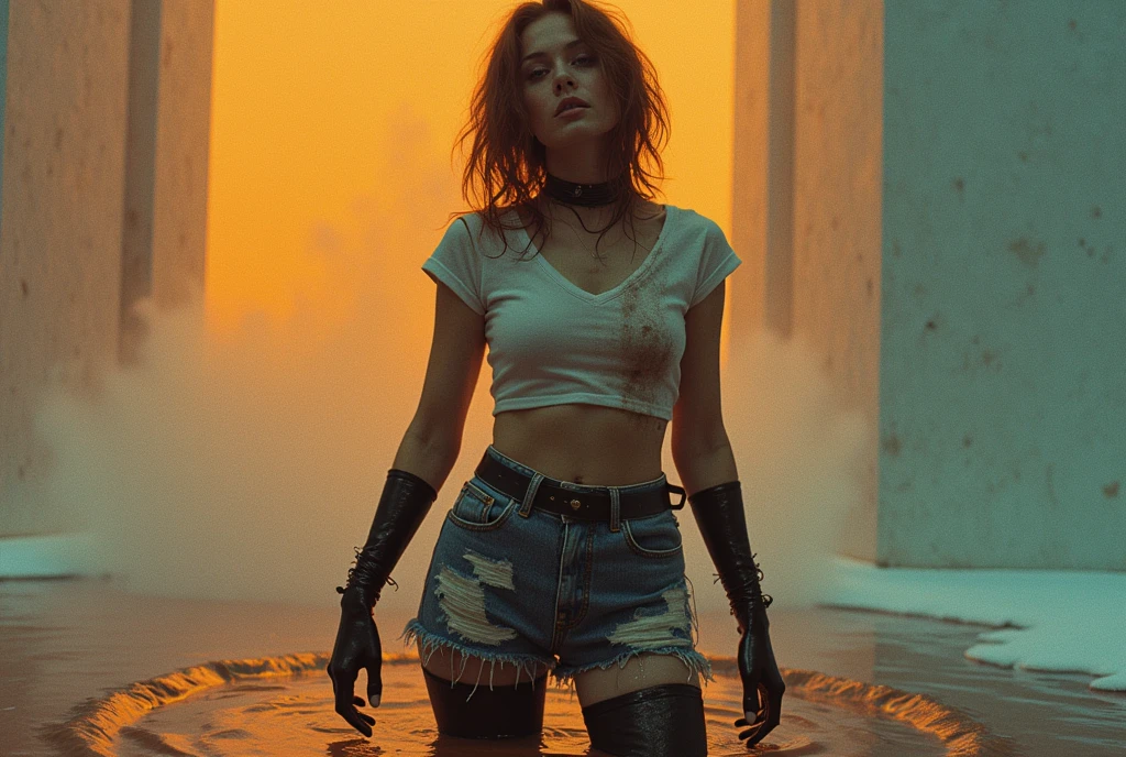 70s setting, grainy analog film, abstract art, stylish legend, artwork, conceptual art, soaking wet clothes, drama, indulges in fetish, rubber black stockings, vintage jeans cut-offs, t-shirt, slave collar, stuck in slime, orange blue, black, void