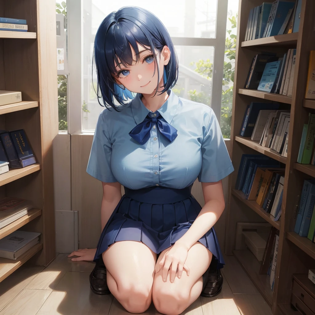 1. High school girl　17-year-old female　Bobcut　dark blue hair color　High School Uniform　Light blue Y-shirt　Short sleeve　Blue Ribbon　dark blue hair color　Slim figure　Large Breasts　Full body portrait　School library　Smiling Kindly　Laugh a little　library　Hand Signs　squat　Kneel　Look up here　