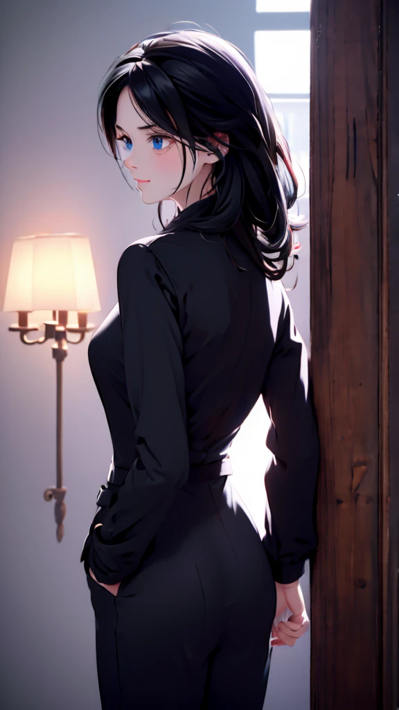 1 Girl, medium light black hair, light blue eyes , wearing black Suit 4D , night TOWN , high res, ultrasharp, 8K, masterpiece, looking from behind
