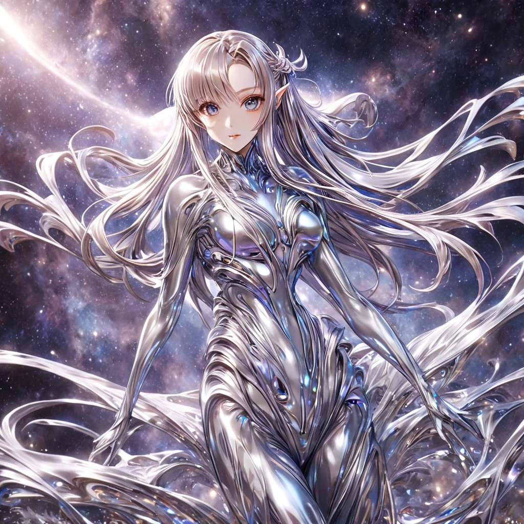 ((Highest quality)), ((masterpiece)), (detailed), （Perfect Face）、The woman is a completely metallic alien named Yuuki Asuna, with metallic silver skin, a metallic silver face, and metallic silver hair in medium-long layers.、The woman is a beautiful metallic alien lifeform, with a metallic face and body.、The woman has a metallic alien face