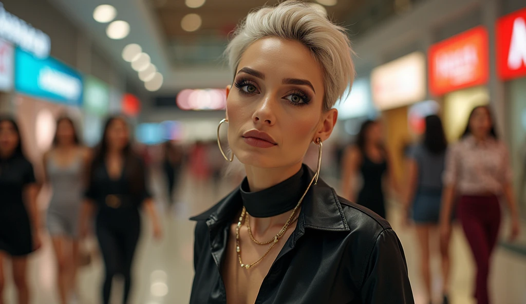 full frame shot of a androgynous feminine senior lady with wrinkles with intense makeup and massive much eyeshadow, intense deep and wide lot of eye shadow, smoky eyes, shoots a selfie photo in a shopping mall for satin office couture, wearing a tight satin blouse with latex bra and with tie and glossy leather leggings and a stretchy short pants, thai and filipino women fill the floor in the background, point on the leather leggings