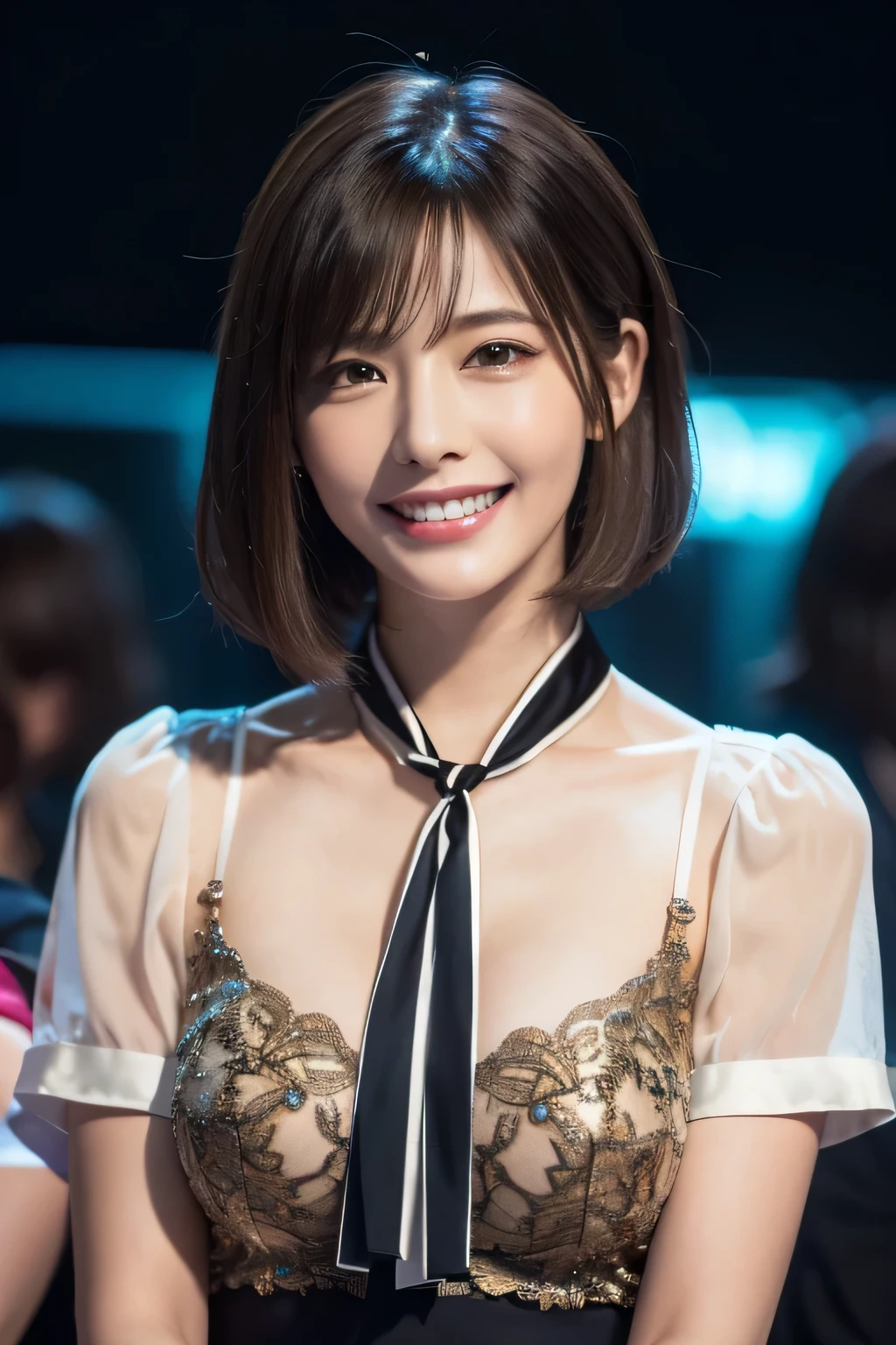 ((masterpiece)), ((Highest quality)), ((Complex)), ((Surreal)), (Realistic), (Mature Woman), ((No classes)), Very detailed, (1 female), Beautiful and exquisite, (Beautiful Teeth), Grin, Brunette bob hair, Brown eyes, ((blouse)), (Upper Body), (background:none), Perfect Eyes, Captivating eyes, Looking at the audience