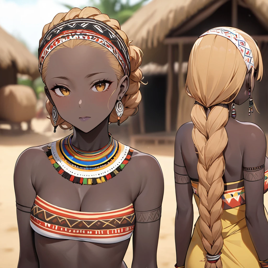 ((Highest quality)), ((masterpiece)), (detailed), (Perfect Face)、The woman has bright black skin、(Ghana braids with strong curly hair slicked back)、Black, dark skinned, African native tribal woman、The amount of hair is small、Light brown hair、Very short curly hair、Ghana braid hair, finely and delicately braided into Ghana braids and slicked back、Her hair is braided and thin, and she wears a tribal headdress and a tribal headscarf.、African black woman beautifully dressed in tribal clothing, tribal earrings and tribal accessories, wearing tribal makeup、A beautiful tribal woman with tattoos all over her body、Women in tribal village night rituals