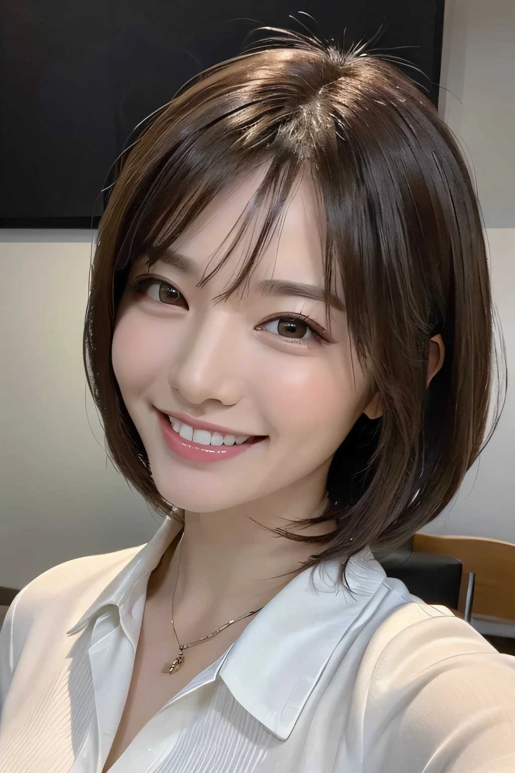 ((masterpiece)), ((Highest quality)), ((Complex)), ((Surreal)), (Realistic), (Mature Woman), ((No classes)), Very detailed, (1 female), Beautiful and exquisite, (Beautiful Teeth), Grin, Brunette bob hair, Brown eyes, ((blouse)), (Upper Body), (background:none), Perfect Eyes, Captivating eyes, Looking at the audience