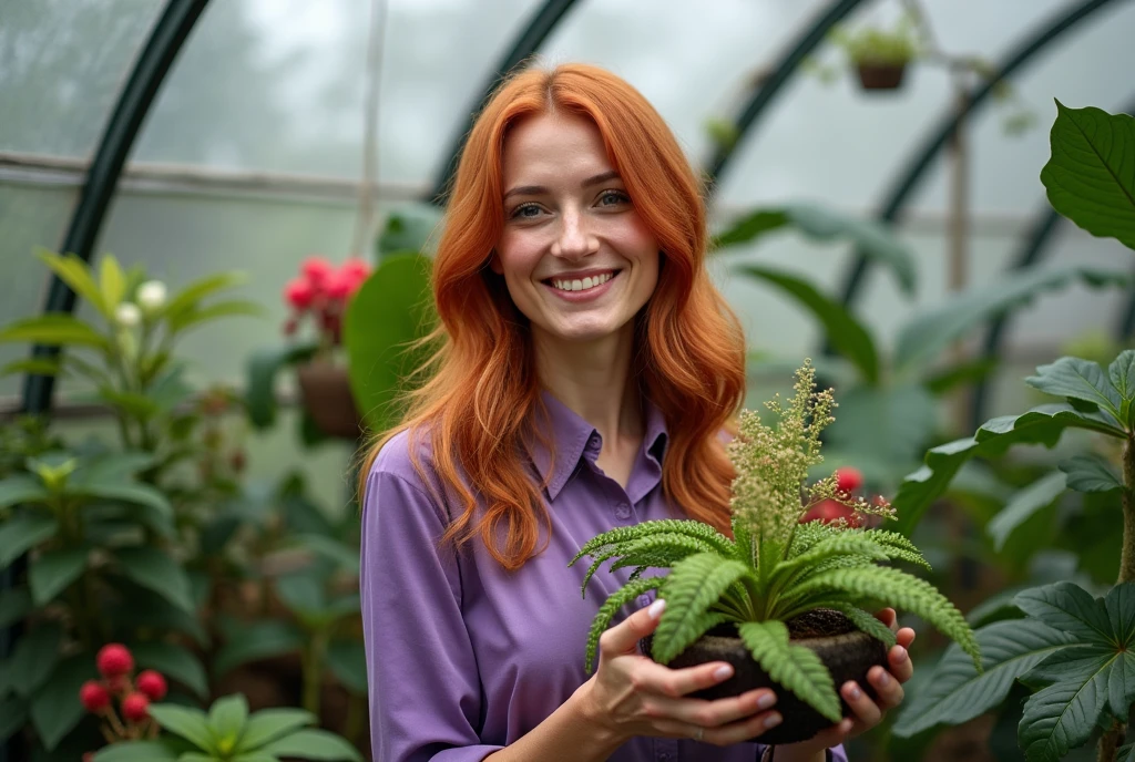 Redheaded woman of 40 in good spirits in a purple dress in a greenhouse under a glass dome
