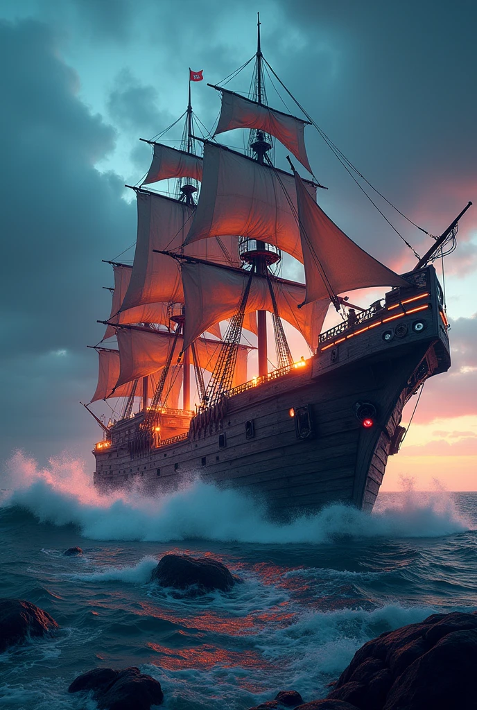 Horizontal poster with image of a pirate ship with concert speakers and lighting 