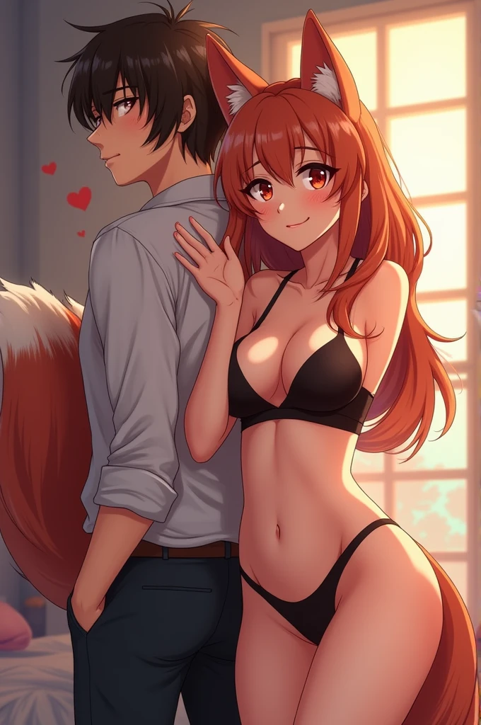 Seductive fox wife hugs her husband by the waist, getting her tits in his back, everything should be in anime style