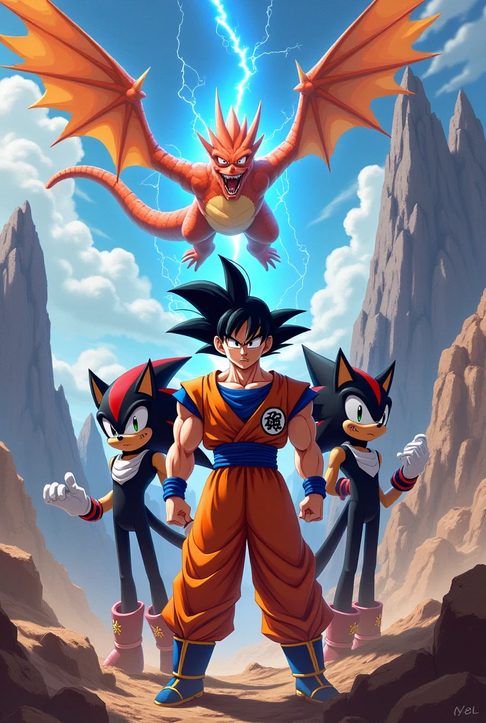 goku and shadow the hedgehog and charizard