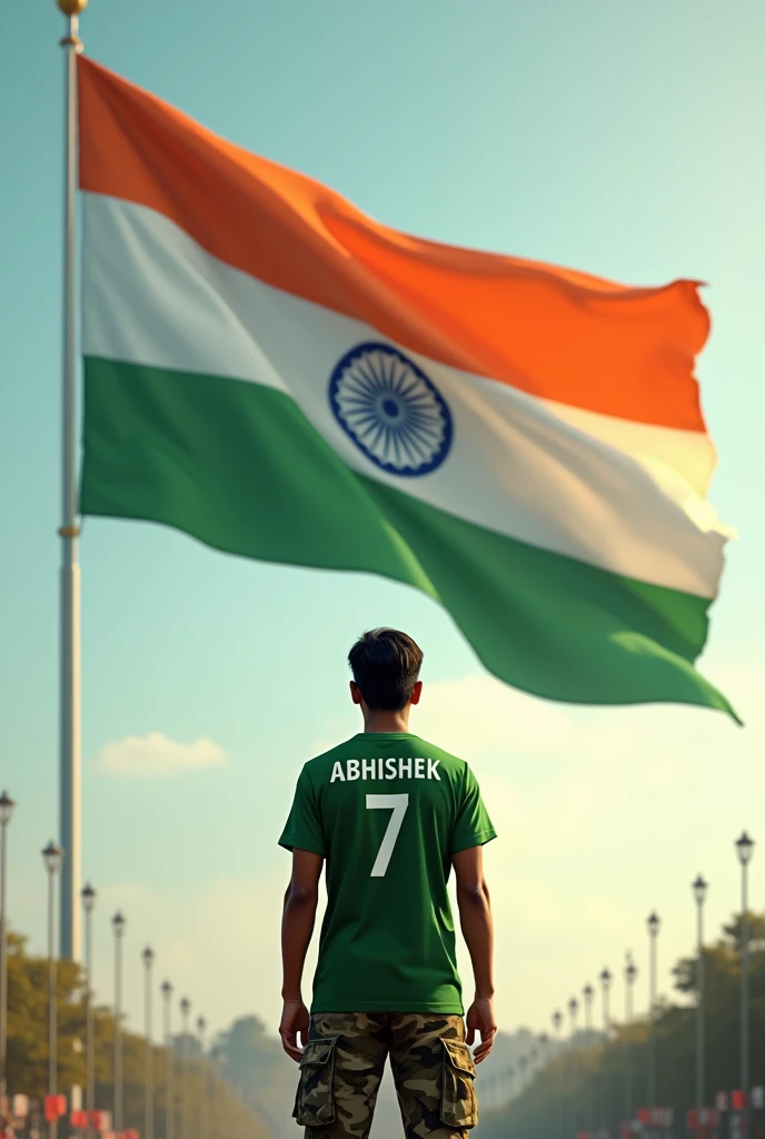 A huge tricolor flag of India is fluttering, and Happy Independence Day is written in saffron color of the flag and 15 August 2024 is written in green color. An 18 year old MNA fighter man is standing in front of it facing towards the flag and the boy is wearing a green T-shirt. -Is wearing a shirt with 'ABHISHEK' written on it and 7 written below 'ABHISHEK' and he is wearing army cargo pants and his back is visible don't forget to write your name