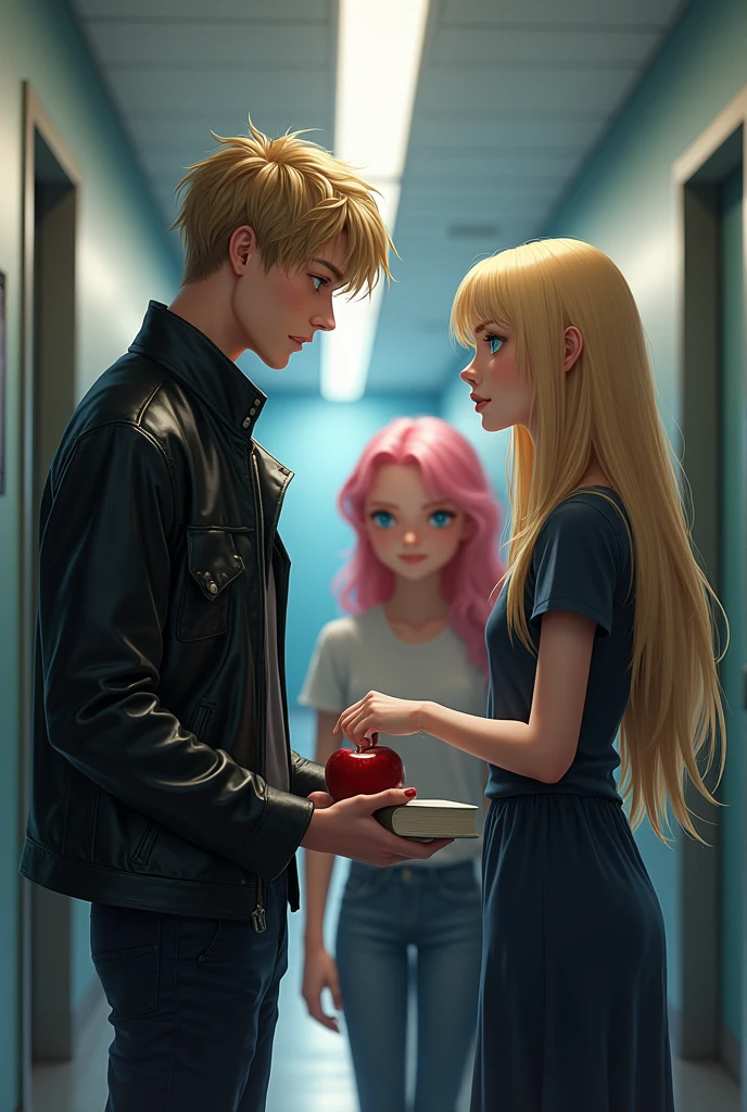 a blonde woman, Young and beautiful, Blue-eyed, straight hair, long, In front of her a man with brown hair and one blue eye and the other green is watching her with an apple in his hands, The woman is carrying a closed book. The two are in the hallways of a high school, The man is wearing black clothes and a leather jacket.. Next to them a 6-year-old girl with pink hair smiles as she introduces them, realist 