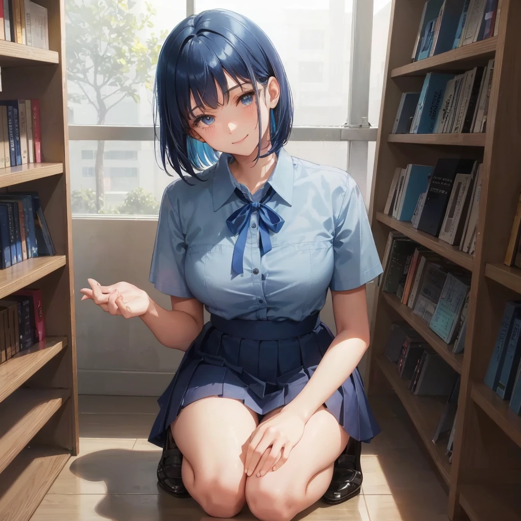 1. High school girl female Bobcut dark blue hair color High School Uniform Light blue Y-shirt Short sleeve Blue Ribbon dark blue hair color Slim figure Large Breasts Fulportrait School library Smiling Kindly Laugh a little library Hand Signs squat Kneel Look up here