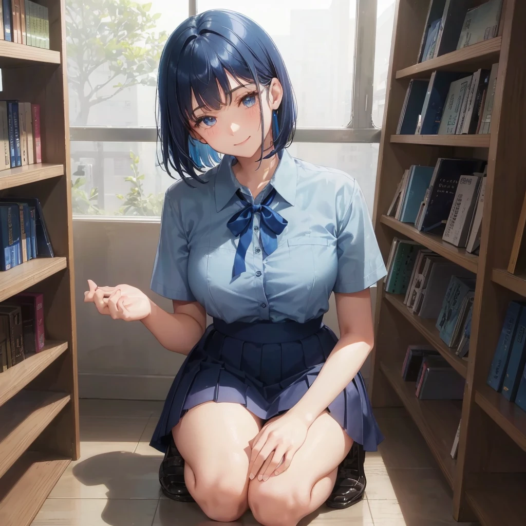 1. High school girl 17-year-old female Bobcut dark blue hair color High School Uniform Light blue Y-shirt Short sleeve Blue Ribbon dark blue hair color Slim figure Large Breasts Full body portrait School library Smiling Kindly Laugh a little library Hand Signs squat Kneel Look up here