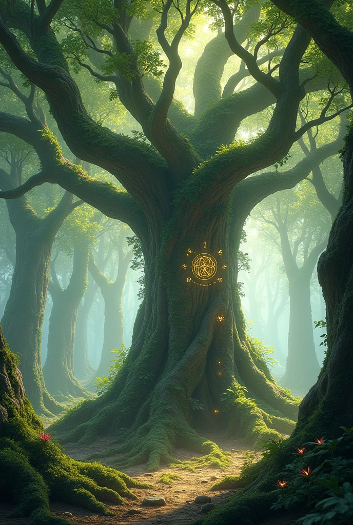 Sacred tree in the fairy forest，Noble，fantastic，Otherworldly Illusion，High-definition, detailed depiction，8k．