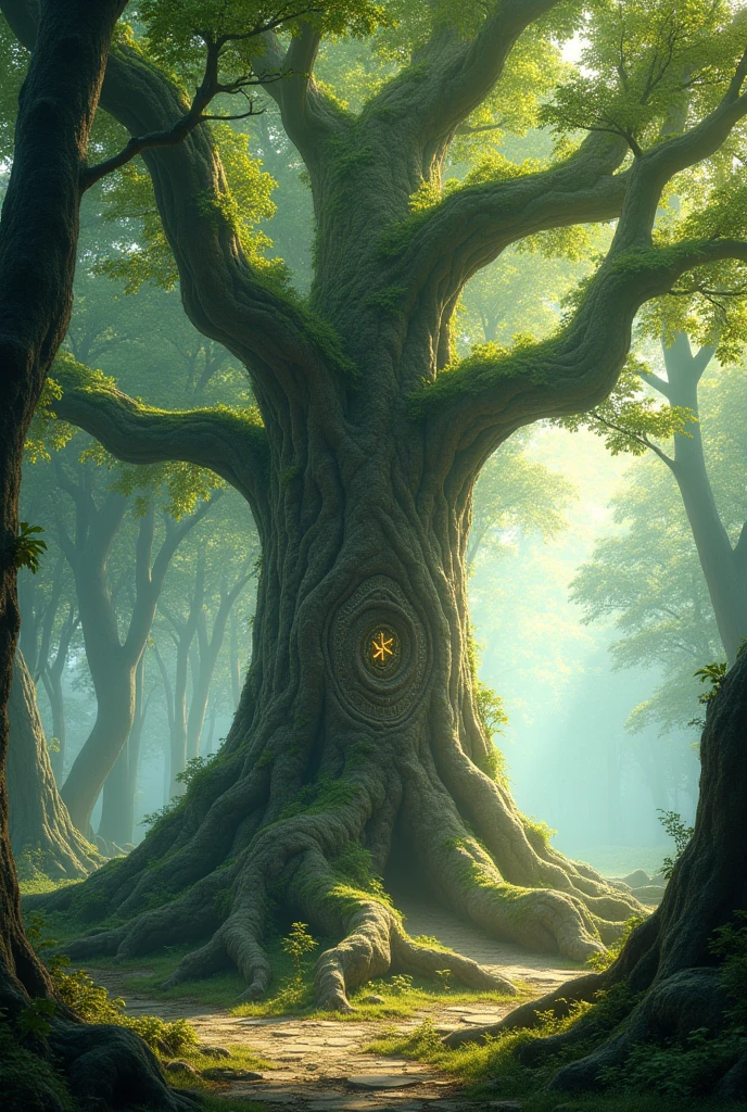 Sacred tree in the fairy forest，Noble，fantastic，Otherworldly Illusion，High-definition, detailed depiction，8k．