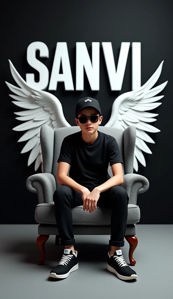 Create a 3D illusion for a WhatsApp YouTube profile picture where a boy in a black shirt sits casually on a Wingback Chair. Wearing sneakers, a black cricket cap, and sunglasses, he looks ahead. The background features "SANVI" in big and capital white fonts on the black wall. There should not be his shadow, and there are wings to make it appear as if he is an angel