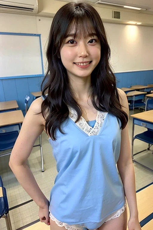 Japanese, high school girl, 3 people, Light blue underwear, whole body, classroom