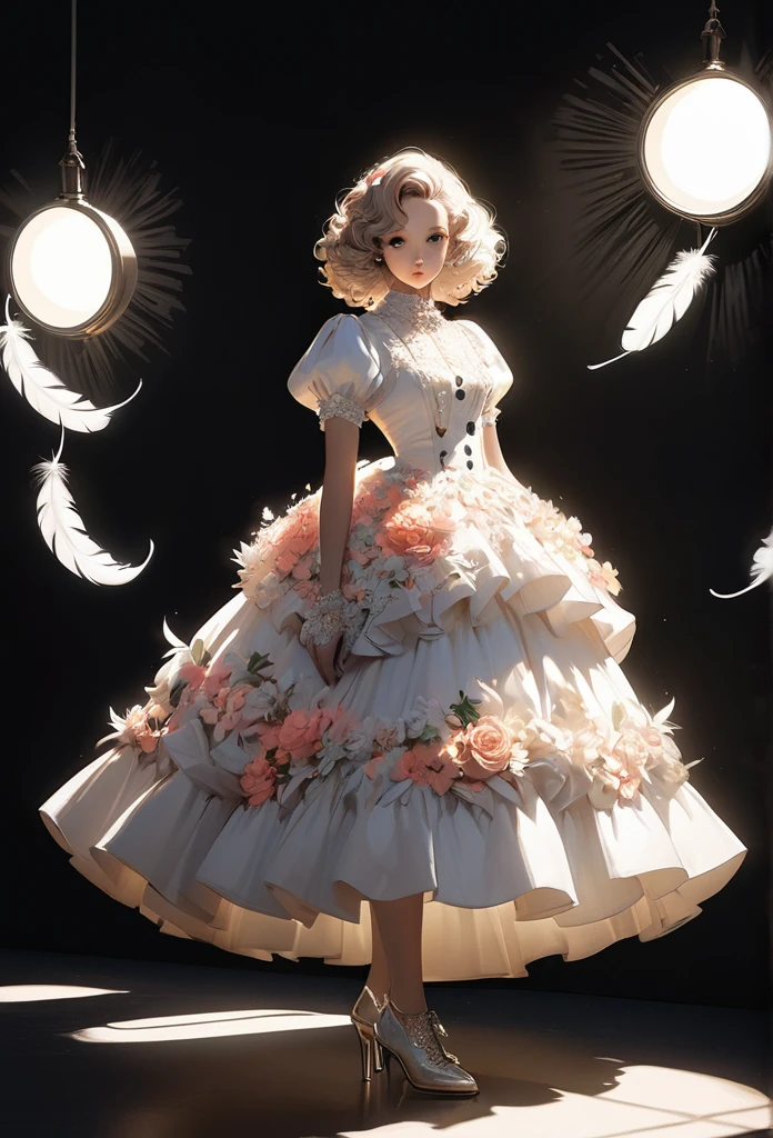 illustration,,acrylic ,victorian art style,genius girl,Gorgeous dress made of flowers,full body portrait,focus on falling feathers,spotlight effect,rim light,Glowing special effects,Bright colors、bright,high saturation,high contrast,black background,Ultra-fine,Surreal,Real light and shadow contrast,realistic raytracing,True light attenuation,True light reflection,anti-aesthetic style,poodle punk,Snapshot aesthetic style ,