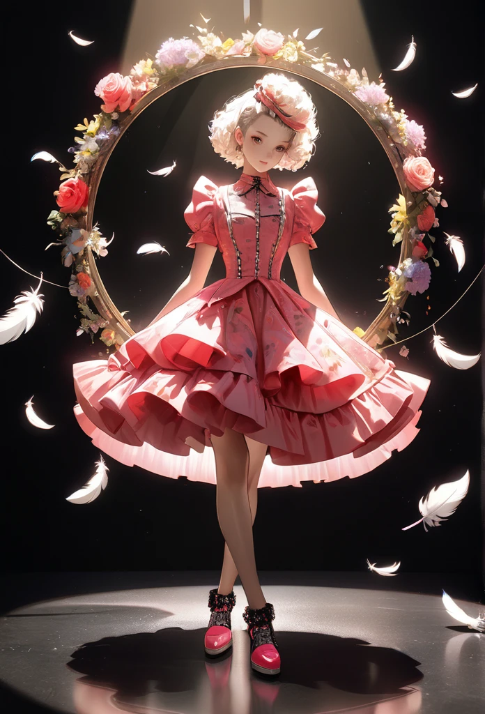 illustration,,acrylic ,victorian art style,genius girl,Gorgeous dress made of flowers,full body portrait,focus on falling feathers,spotlight effect,rim light,Glowing special effects,Bright colors、bright,high saturation,high contrast,black background,Ultra-fine,Surreal,Real light and shadow contrast,realistic raytracing,True light attenuation,True light reflection,anti-aesthetic style,poodle punk,Snapshot aesthetic style ,