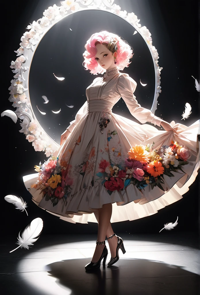 illustration,,acrylic ,victorian art style,genius girl,Gorgeous dress made of flowers,full body portrait,focus on falling feathers,spotlight effect,rim light,Glowing special effects,Bright colors、bright,high saturation,high contrast,black background,Ultra-fine,Surreal,Real light and shadow contrast,realistic raytracing,True light attenuation,True light reflection,anti-aesthetic style,poodle punk,Snapshot aesthetic style ,
