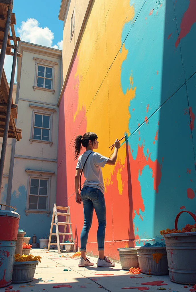 An Artist girl, painting building outer walls, over height, paint baskets holding, paints