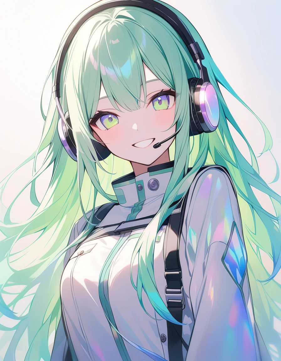 Light green hair、Long Hair、20-year-old women、In detail、beautifully、Glowing Skin、smile、Clear、Background iridescent colors、uniform、headphone