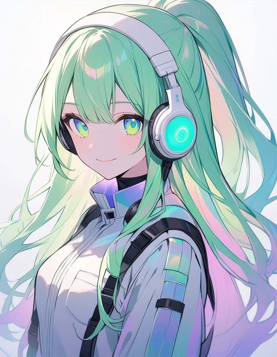 Light green hair、Long Hair、20-year-old women、In detail、beautifully、Glowing Skin、smile、Clear、Background iridescent colors、uniform、headphone