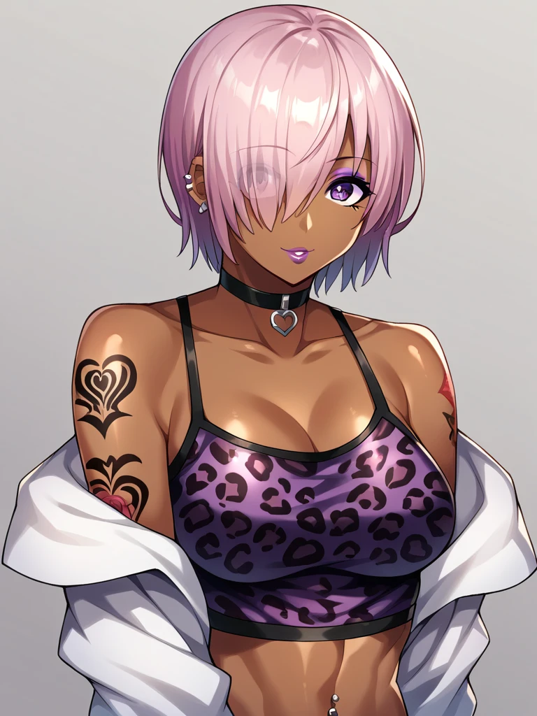 Score_9, score_8_up, score_7_up, score_6_up, source_anime, 1girl, solo, dark-skinned female, colored skin, BREAK, (yamanba), eyeshadow, very dark skin, makeup, leopard print, choker, off-the shoulder crop top, tattoos, piercings, mash kyrielight