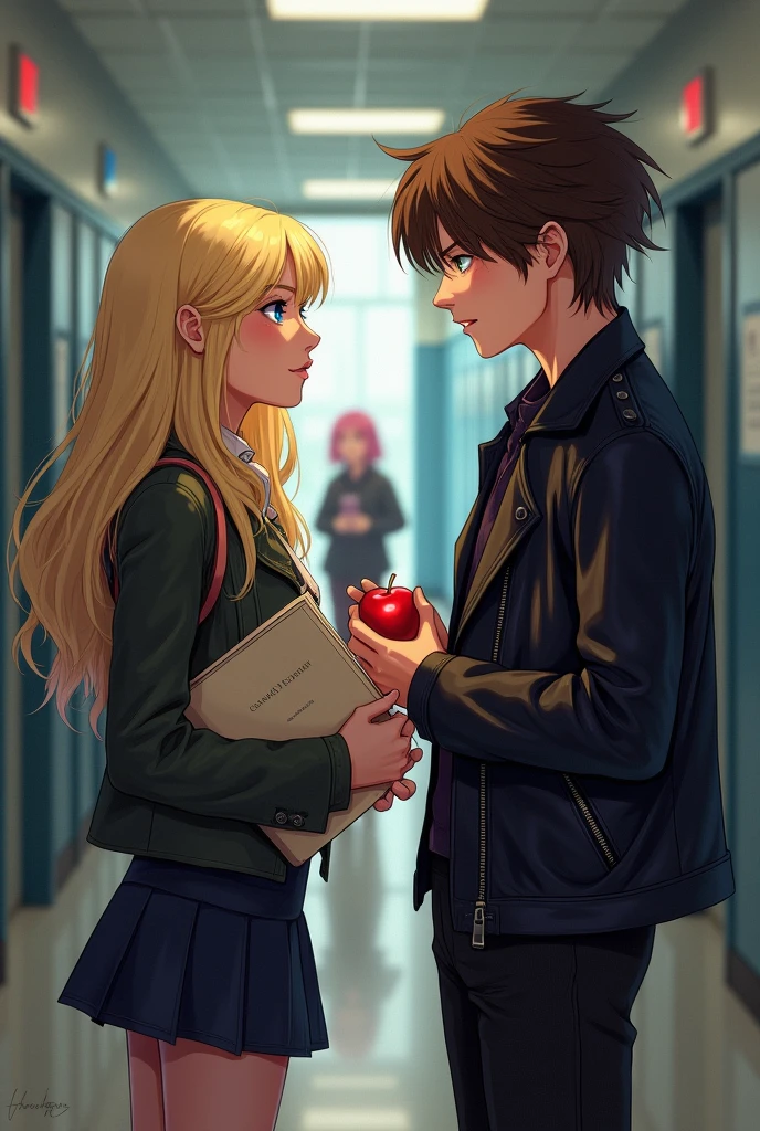 a blonde woman, Young and beautiful, Blue-eyed, straight hair, long, In front of her a man with brown hair and one blue eye and the other green is watching her with an apple in his hands, The woman is carrying a closed book. The two are in the hallways of a high school, The man is wearing black clothes and a leather jacket.. Next to them a 6-year-old girl with pink hair smiles as she introduces them, realist 