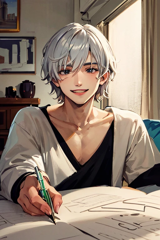 ((masterpiece)), (((best quality))), chromatic lighting,
colorized, white + black limited color palette,
detailed concept drawing, no weird object on his face, street fashion,
in a bedroom, portrait, 20yo 1guy, slender, short white hair, black eyes, smiling