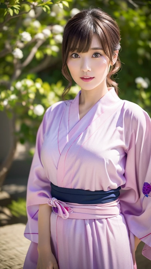 a mature beautiful Japanese woman, 39-year old, shy, little chubby body shape, (wearing pink flower pattern common Japanese Yukata with simple obi:1.25), portrait, masterpiece, best quality, High resolution, plum lips), tie dark brown hair, 8k, traditional Japanese hous,e outside,
