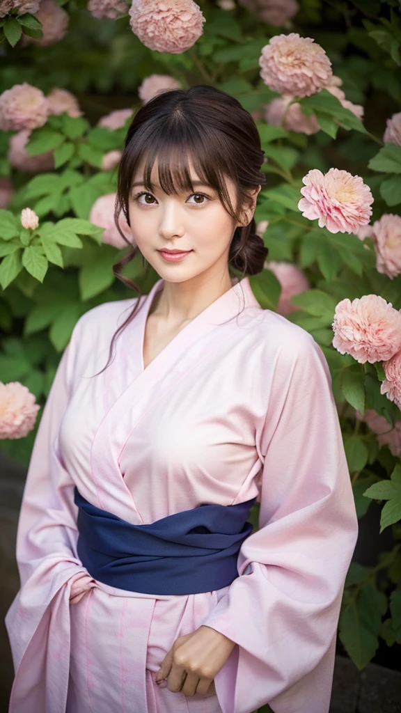 a mature beautiful Japanese woman, 39-year old, shy, little chubby body shape, (wearing pink flower pattern common Japanese Yukata with simple obi:1.25), portrait, masterpiece, best quality, High resolution, plum lips), tie dark brown hair, 8k, traditional Japanese hous,e outside,
