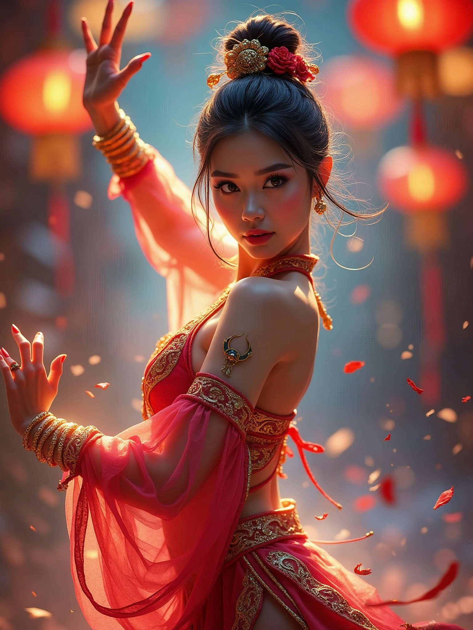 a martial arts fighter in a colorful  outfit, wearing a fancy dress, dancing at a , elegant movement, beautiful detailed eyes, beautiful detailed lips, extremely detailed face, long eyelashes, detailed jewelry, glowing skin, intricate  decorations, festive lighting, (best quality,4k,8k,highres,masterpiece:1.2),ultra-detailed,(realistic,photorealistic,photo-realistic:1.37),vibrant colors,dynamic pose,dramatic lighting,portrait
