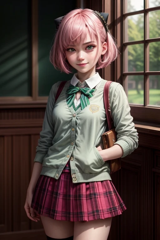 (masterpiece, best quality:1.2), high resolution, intricate details, extremely detailed, realistic and sharp details, (full body), solo, 1girl, a 16 yo woman, Anya Forger, anya_forger_spyxfamily, pink hair, short bob hair, (hairpods), green eyes, (white collared shirt, bowtie, plaid pleated miniskirt, school uniform:1.2), smile, cute face, pretty face, beautiful detailed eyes, pale skin, photo background, indoors, eden academy school,