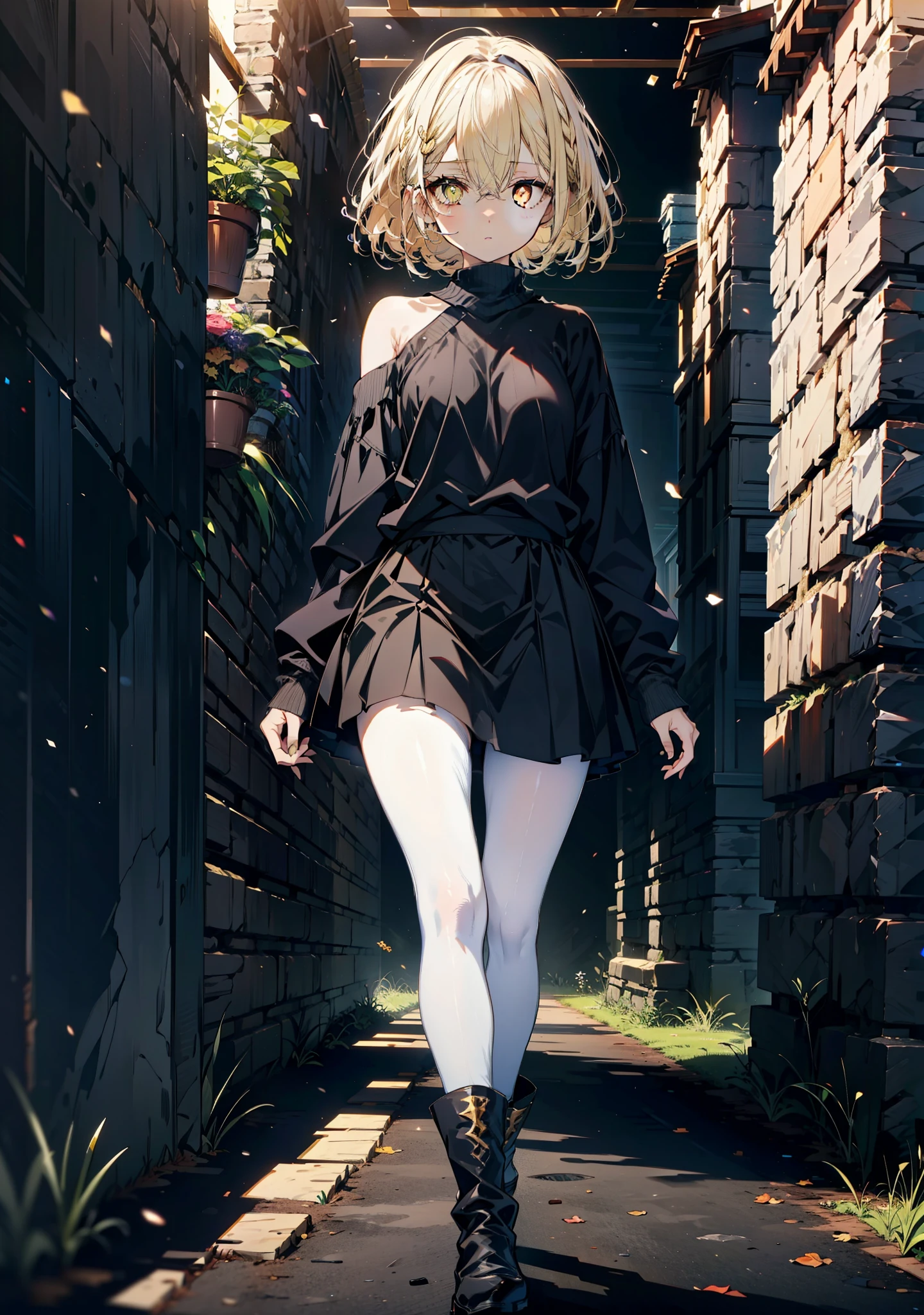 アイスWallenstein, Wallenstein, blonde, Hair between the eyes, hair band, Long thick braids,Glasses, (Yellow Eyes:1.5),One-shoulder sweater,Long skirt,Black pantyhose short boots,Walking,Daytime,Clear skies,whole bodyがイラストに入るように,　　　　　　　　　　　　　　　　　　break looking at viewer, whole body,　　　　　　　　　　　break outdoors,Building district,　　　　　　　　　　　　break (masterpiece:1.2), Highest quality, High resolution, unity 8k wallpaper, (shape:0.8), (Beautiful and beautiful eyes:1.6), Highly detailed face, Perfect lighting, Extremely detailed CG, (Perfect hands, Perfect Anatomy),