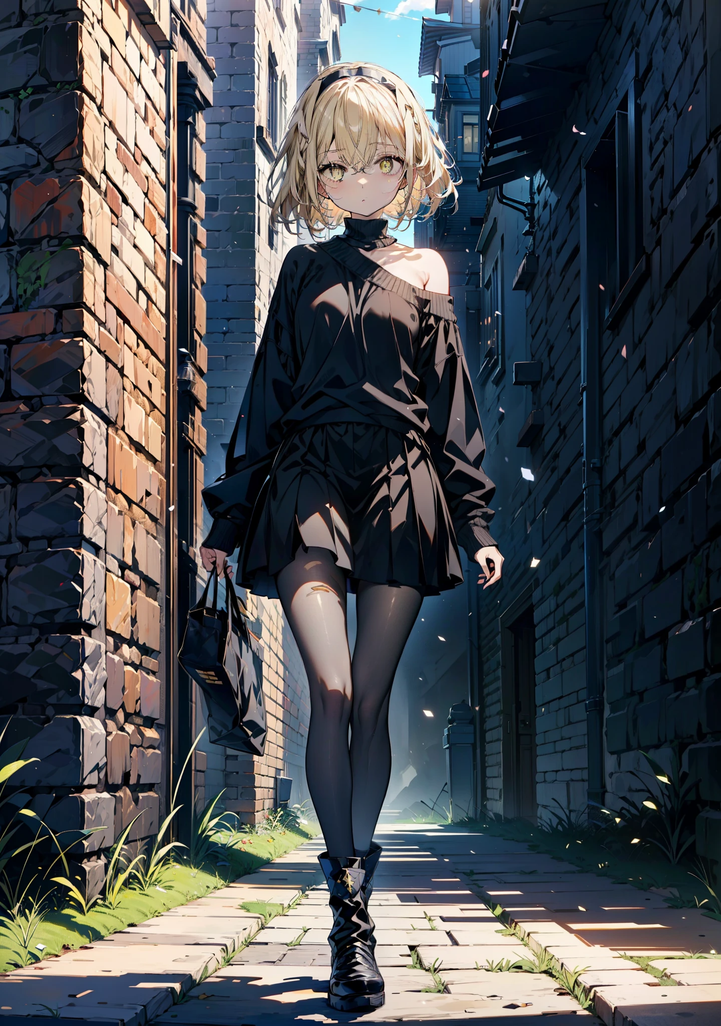 アイスWallenstein, Wallenstein, blonde, Hair between the eyes, hair band, Long thick braids,Glasses, (Yellow Eyes:1.5),One-shoulder sweater,Long skirt,Black pantyhose short boots,Walking,Daytime,Clear skies,whole bodyがイラストに入るように,　　　　　　　　　　　　　　　　　　break looking at viewer, whole body,　　　　　　　　　　　break outdoors,Building district,　　　　　　　　　　　　break (masterpiece:1.2), Highest quality, High resolution, unity 8k wallpaper, (shape:0.8), (Beautiful and beautiful eyes:1.6), Highly detailed face, Perfect lighting, Extremely detailed CG, (Perfect hands, Perfect Anatomy),