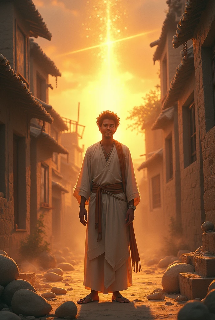 Aryan’s TransformationPrompt: "A transformation scene where Aryan reflects on the wise man’s words. The background shifts to symbolize his growing confidence—perhaps the village appears brighter and more welcoming. Aryan’s posture straightens, and a smile spreads across his face as he understands his true worth."