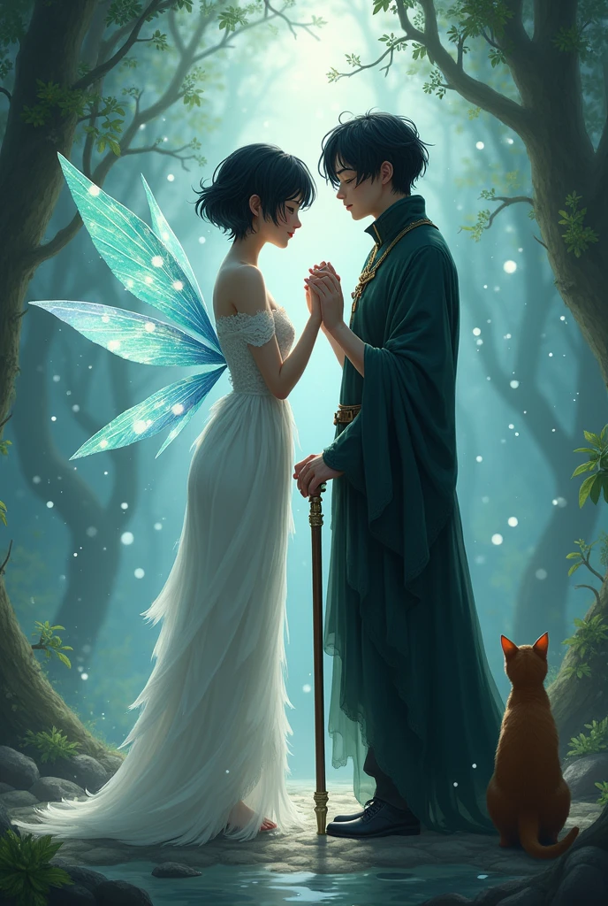 an adult female water fairy, playful and serious personality, with wings. He uses a cane in his right hand. with short black hair who is looking lovingly in front of a magical male sorcerer. with a loving and calm personality. Her pet is a brown cat that watches the fairy.