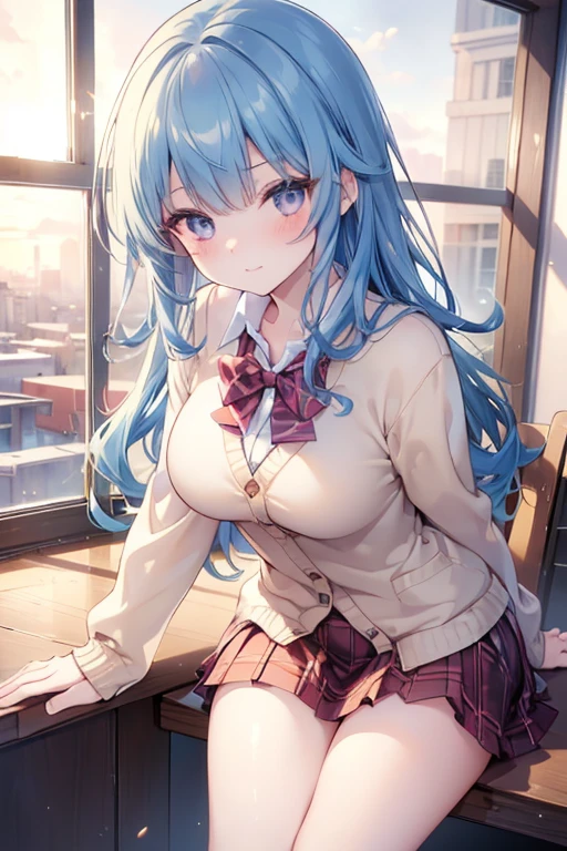 ((masterpiece, best quality, highres, UHD, perfect pixel, depth of field, 4k, RTX, HDR)), 1girl, single, solo, 19 years old, beautiful anime girl, beautiful artstyle, anime character, ((long hair, bangs, blue hair, curly hair)), (purple eyes:1.4, rounded eyes, beautiful eyelashes, realistic eyes), (detailed face, blushing:1.2), (smooth texture:0.55, realistic texture:0.65, photorealistic:1.2, cinematic, anime CG style), medium breasts, perfect body, busty, (POV, close up), ((school uniform, cardigan, sweater, jacket, red bowtie, plaid skirt)), (indoor, beside the window), ((side light, natural light, sunrise)), sly smile, leaning forward, looking at viewer