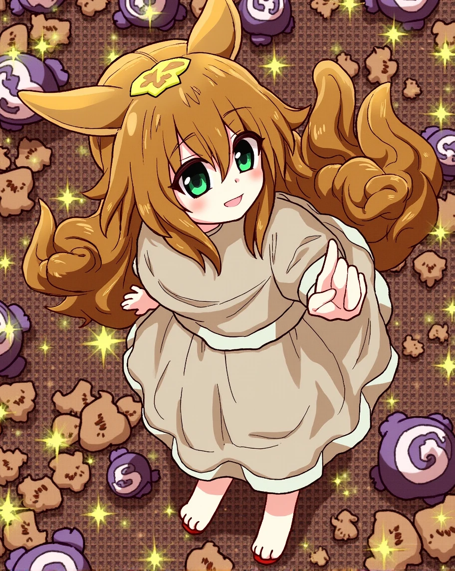 long wavy fur, Brown hair, 1 girl, emerald eyes, waving with two fingers, pink lips, Pastel green dress,