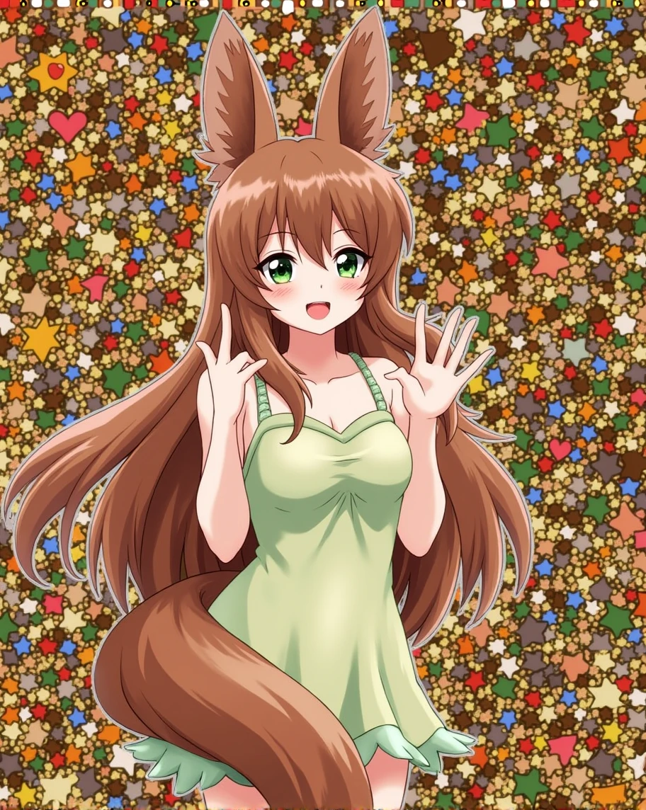 long wavy fur, Brown hair, 1 girl, emerald eyes, waving with two fingers, pink lips, Pastel green dress,