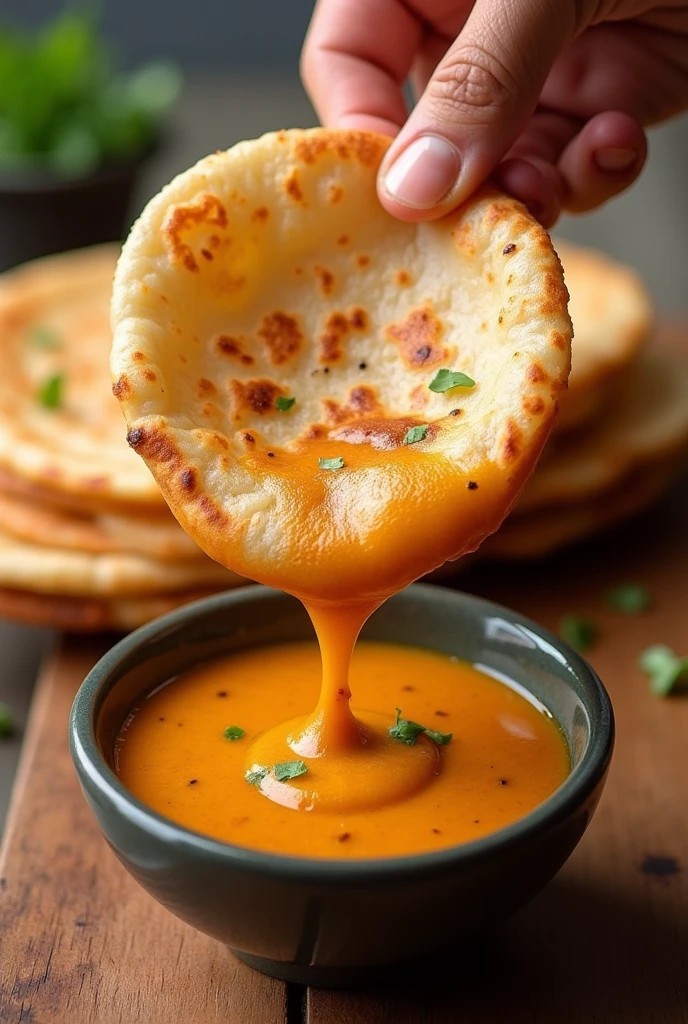 make a delicious roti canai big size from malaysia picture by dipping it into curry sauce with no backround