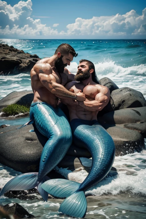 Two muscle male mermaid, gay couple, wrestling, merman, muscles, two male bodybuilders, blue mermaid tails, black long beard, black long hair, laying on rock, lie, sea, high water wave, water twister, rocks, wallpaper