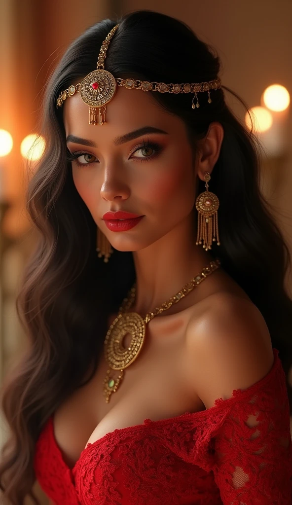 BestWorks,Ultra-high quality work,8K HD CG production,High-quality graphics,3D HD CG photos,Ultra-high pixel,Super refined:1.1,technical detail:1.1,Interior lighting effects:1.1,Natural dimming,Light effect,Super high resolution,Fashion clothing photos,Egyptian female face,Cleopatra's face,The temperament of the Queen of Egypt,Long black hair,Clear strands of hair,Careful hair texture(Premium hair details:1.1)Beautiful and delicate eyebrows and eyelashes,largeeyes,Light red eyes,Sexy red lips,Perfect lip shape,clear skin texture,wetted skin(Advanced facial details:1.1)The face of the flawless goddess,Perfect body shape,Suitable for supermodels,Cocked buttocks,Small man's waist,Long legs,(Premium body details:1.1),Glossy,Wear evening dresses,Sequin evening dress,Dress dress,Silk scarf,Lace dress(Premium lace detailing:1.1)Bright red,high-heels,stocklings,Wear jewelry,耳Nipple Ring,choker necklace,Bracelet,At the dinner party,fully body photo,Costume art photos,High quality work