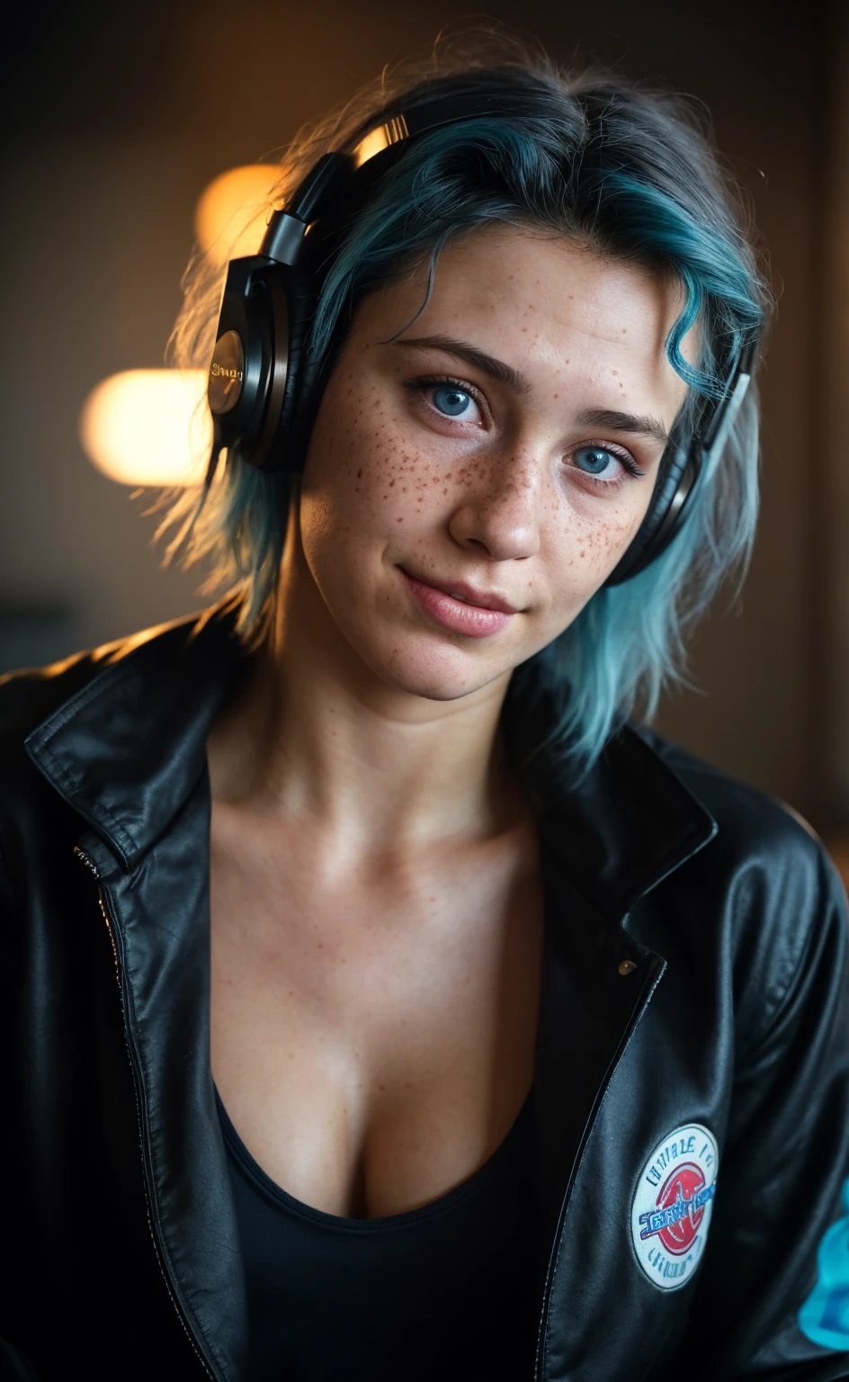 (close-up, editorial photograph of a 21 year old woman), (highly detailed face:1.4) (smile:0.7) (background inside dark, moody, private study:1.3) POV, by lee jeffries, nikon d850, film stock photograph ,4 kodak portra 400 ,camera f1.6 lens ,rich colors, hyper realistic ,lifelike texture, dramatic lighting , cinestill 800, wavy hair, messy hair, 80s hairstyle, short hair, Mischievous smirk, Blue hair, Blue eyes, freckles, white skin, cyberpunk 2077 jacket, black shirt, headphones, european woman, european skin, european expression, Athletic, muscle, masterpiece, Astral Plane